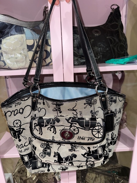 Coach Handbags - Coach Black & Cream Signature Horse-Carriage Shoulder Bag vintage coach bag